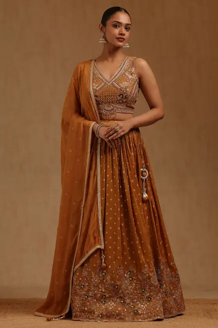 Mustard Tissue Embroidered Lehenga With Zardosi